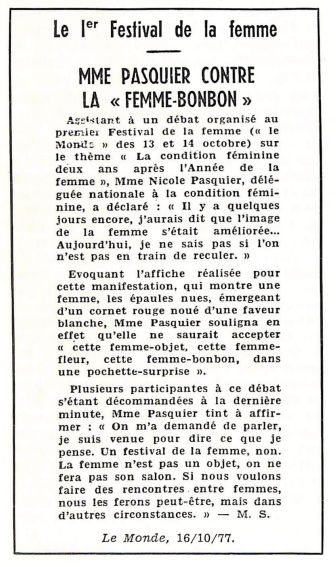 Le 1<sup>er</sup> festival de la femme, *Le Monde*, 16/10/1977