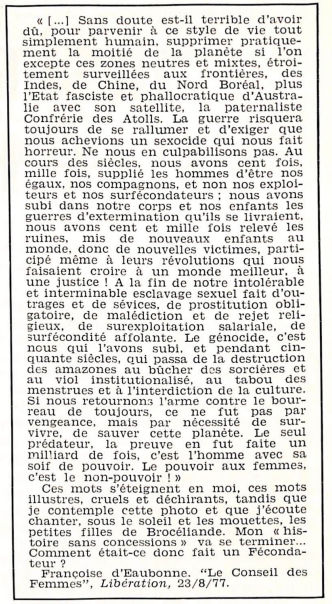 « Le Conseil des Femmes » par Françoise d'Eaubonne, *Libération*, 23/08/1977