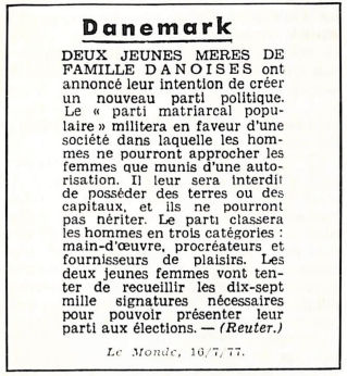 Création du parti matriarcal populaire, *Le Monde*, 16/07/1977